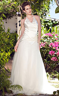 A-line Strapless Floor-length Elastic Silk-like Satin Tulle Wedding Dress