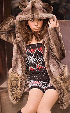 Long Sleeve Hooded Collar Evening/ Career Faux Fur Coat With Pockets