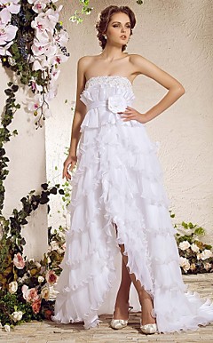 A-line Strapless Court Train Asymmetrical Organza Weeding Dress