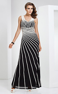 Sheath/Column V-neck Floor-length Tulle And Stretch Satin Evening Dress