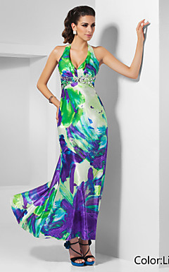 Sheath/Column Halter Ankle-length Pattern/Print Satin Evening Dress