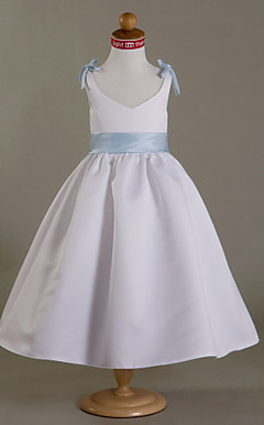 A-line V-neck Tea-length Taffeta Flower Girl Dress