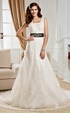A-line Square Court Train Tulle  Wedding Dress
