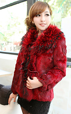 Long Sleeve Fox Fur Collar Office/Party Rabbit Fur Coat (More Colors)