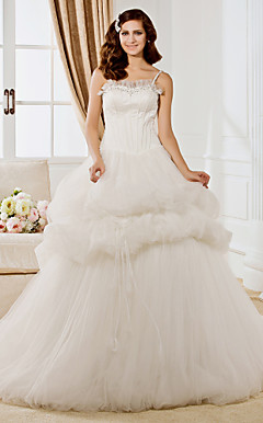Ball Gown Spaghetti Straps Chapel Train Tulle  Wedding Dress