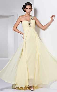Sheath/Column Sweetheart One Shoulder Floor-length Chiffon Beading Ruching Evening Dress