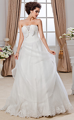 Ball Gown Strapless Cathedral Train Organza Ruffles Wedding Dress With Bow