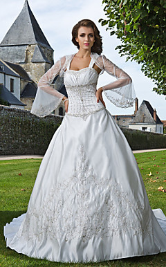 Ball Gown Sweetheart Straps Chapel Train Satin Wedding Dress With A Wrap