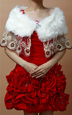 Delicate Faux Fur Party/Wedding Shawl With Tulle Trim