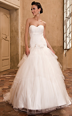 A-line Sweetheart Strapless Chapel Train Organza Crystal Detailing Wedding Dress