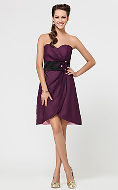 A-line Sweetheart Short/Mini Satin And Chiffon Bridesmaid Dress With Flower(s)