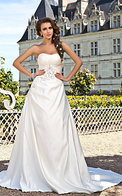 A-line Strapless Chapel Train Satin Wedding Dress
