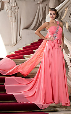 A-line One Shoulder Court Train Chiffon Evening Dress