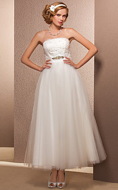vestido de novia de tul hasta los tobillos sin tirantes del a-line