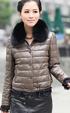 Long Sleeve Fox Fur Turndown Collar Lambskin Leather Casual/Office Jacket (More Colors)