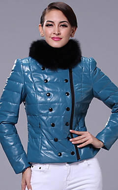 Long Sleeve Fox Fur Standing Collar Lambskin Leather Casual/Office Jacket (More Colors)
