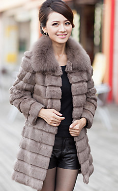Elegant Long Sleeve Fox Fur Collar Evening Rabbit Fur Coat(More Colors)