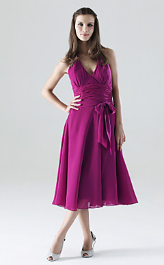 A-line Halter Tea-length Chiffon Matte Satin Bridesmaid/ Wedding Party Dress