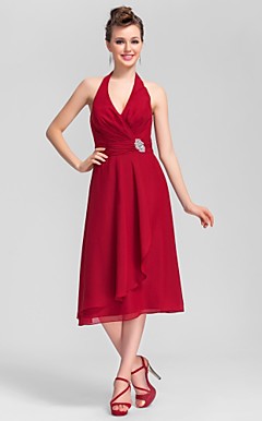 A-line Halter Tea-length Chiffon Bridesmaid Dress
