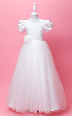 A-Line Jewel pavimento-lunghezza raso e tulle fiore vestito gril