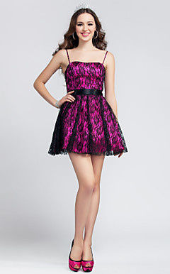 A-line Spaghetti Straps Short/Mini Satin And Lace Cocktail Dress