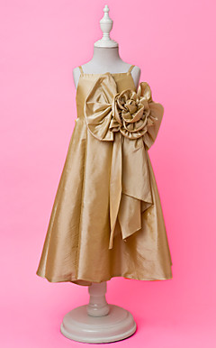 A-line Spaghetti Straps Tea-length Taffeta Flower Girl Dress