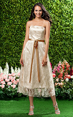 A-line Strapless Sleeveless Tea-length Lace Over Stretch Satin Bridesmaid Dress