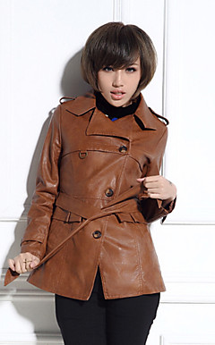 Long Sleeve Turndown Collar PU Casual/Party Coat