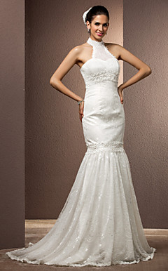 Trumpet/Mermaid High Neck Court Train Lace Wedding Dress With Removable Train
