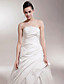  A-line/Princess Strapless Chapel Train Satin Luxury Wedding Dress With Beaded Lace Appliques