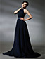  Virginia Madsen A-line Halter Sweep/ Brush Train Tulle Elastic Woven Satin Oscar/ Evening Dress (FSM0669)