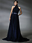  Virginia Madsen A-line Halter Sweep/ Brush Train Tulle Elastic Woven Satin Oscar/ Evening Dress (FSM0669)