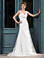  A-line V-neck Court Train Lace Satin Wedding Dress
