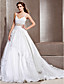  A-line V-neck Cathedral Train Lace Taffeta Wedding Dress