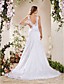  Charming A-line V-neck Chapel Train Lace Weeding Dress