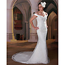 Luxury Trumpet / Mermaid Off-the-shoulder Court Trains Lace Satin Wedding Dresses for Bride (KT1660)