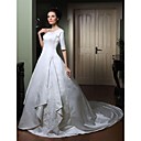 Ball Gown Scoop Half Sleeve Court Train Satin Wedding Dress with Split Front