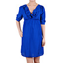 100% Silk Frills Necklien Puff Sleeves High Waist Women's Dresses (1802BD007-0736)