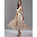 A-line Strapless Sleeveless Tea-length Lace Over Stretch Satin Bridesmaid Dress
