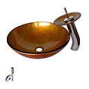 ronde victoire or évier en verre trempé navire avec robinet cascade, bague de montage et l'évacuation des eaux (0917-vt4059)