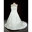 A-line Strapless Court Train Satin Embroidery Plus Size Wedding Dress