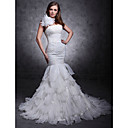 Trumpet/ Mermaid One Shouler Court Train Organza Tiered Wedding Dress