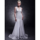 Trumpet/ Mermaid V-neck Sweep/ Brush Train Lace Over Elastic Woven Satin Wedding Dress