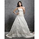 A-line/ Princess Off-the-shoulder Court Train Satin Organza Embroidery Wedding Dress