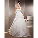 A-line Strapless Sweep/ Brush Train Satin Lace Wedding Dress