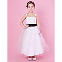 A-line Spaghetti Strap Tea-length Tulle And Satin Flower Girl Dress With Sash/Ribbon