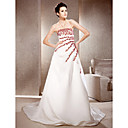 A-line Strapless Chapel Train Satin And Lace Wedding Dress