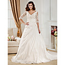 Ball Gown V-neck Chapel Train Taffeta  Wedding Dress