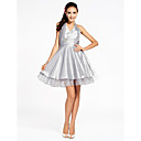 A-line Halter Knee-length Organza Over Taffeta Bridesmaid Dress