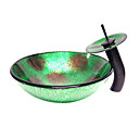 Dark Green Tempered Glass Vessel Sink With Waterfall Faucet ,Pop - Up drain and Mounting Ring
